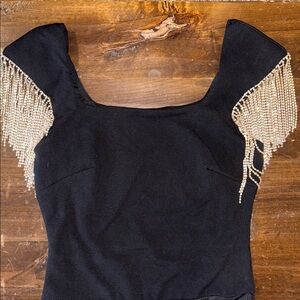 Fashion Nova black bodysuit with rhinestone fringe. Size small